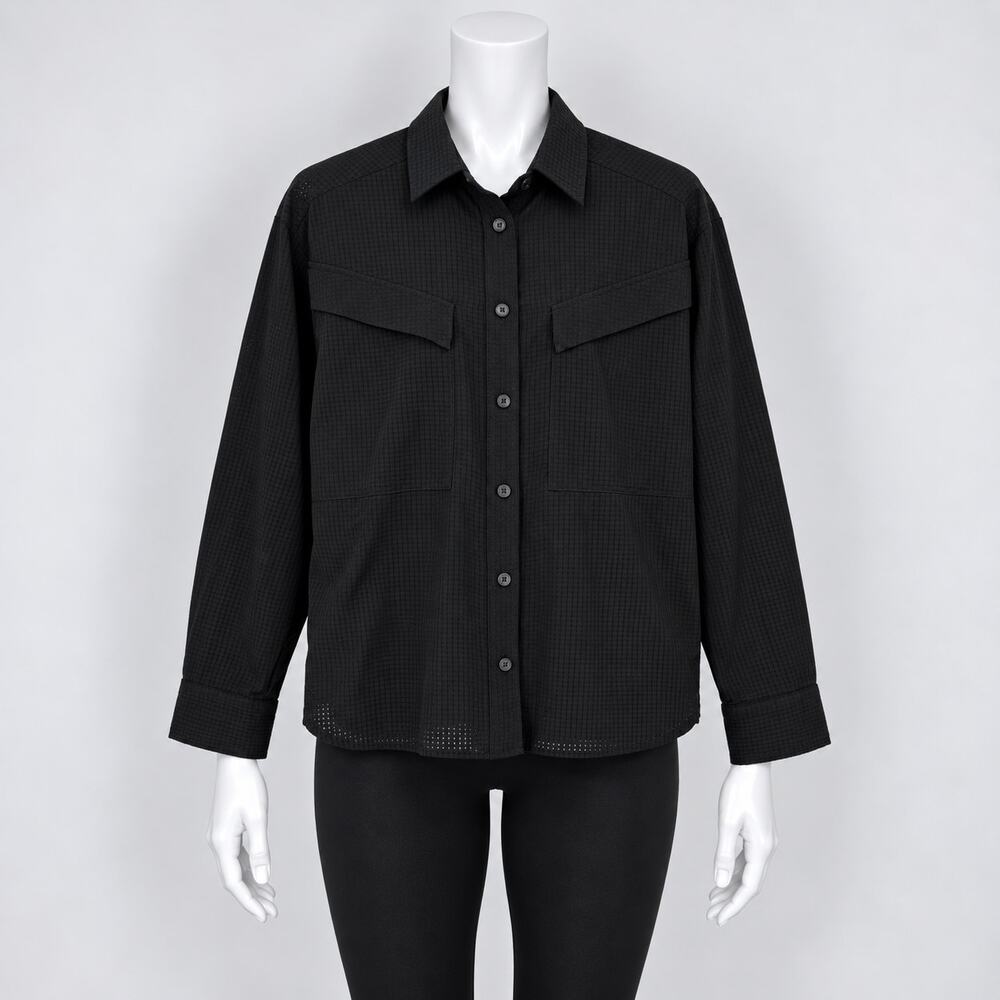 Anatomie Black Travel Shirt Womens Sz M Button Front Long Sleeve Grid Check